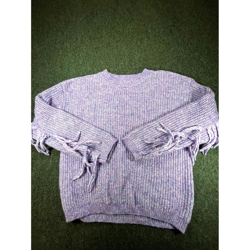 Witty Fox Sweater Womens L Purple Chunky Knit Fringe Sleeve Crew Neck Pullover